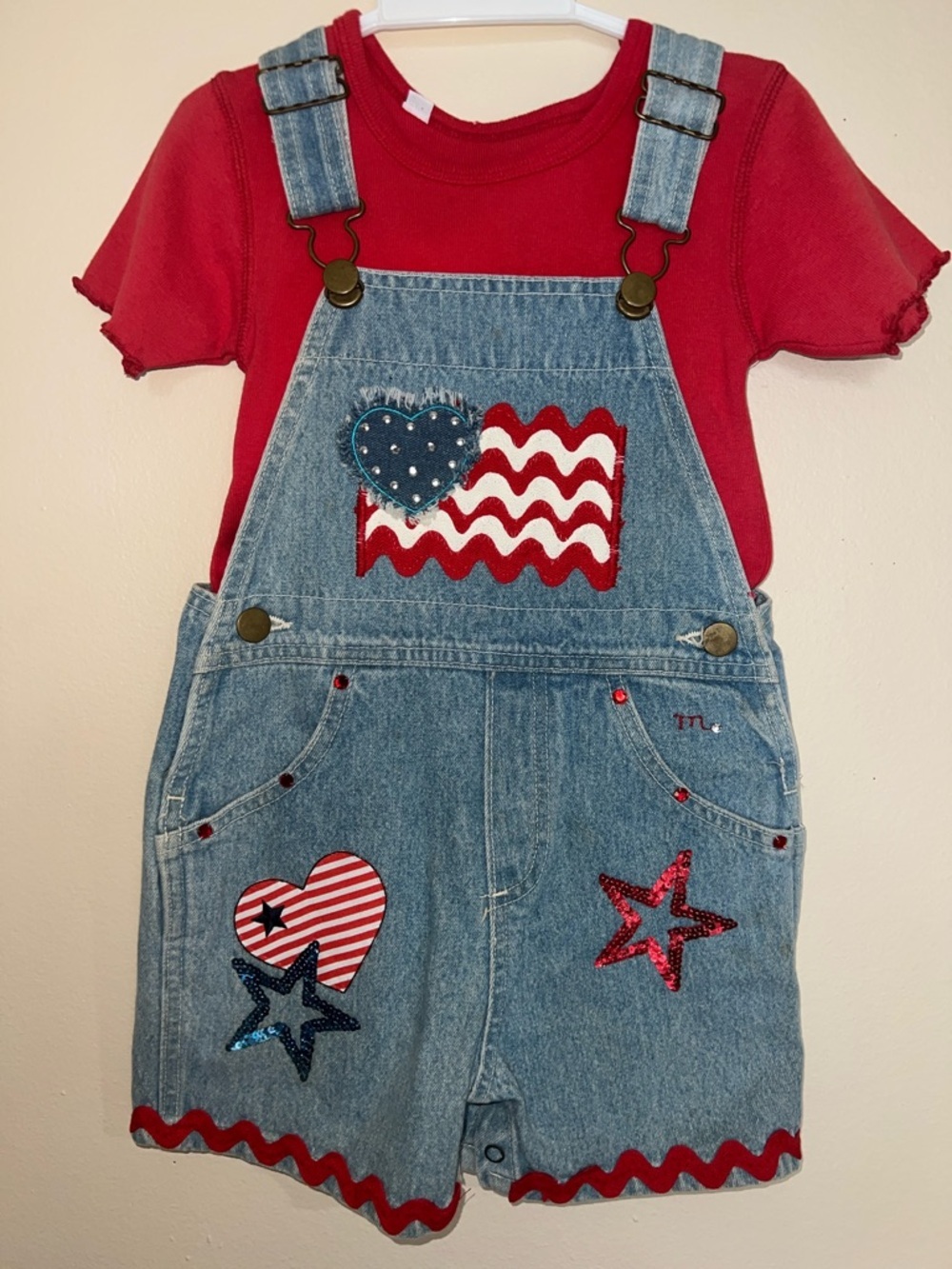 Vintage Denim Shortalls with Red White and Boom! Old Store Stock​